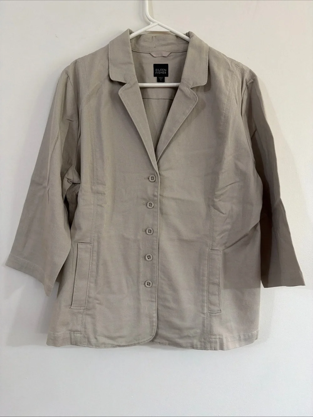 Eileen Fisher XL Muslin Notch Collar Jacket Khaki Beige Blazer Organic Cotton